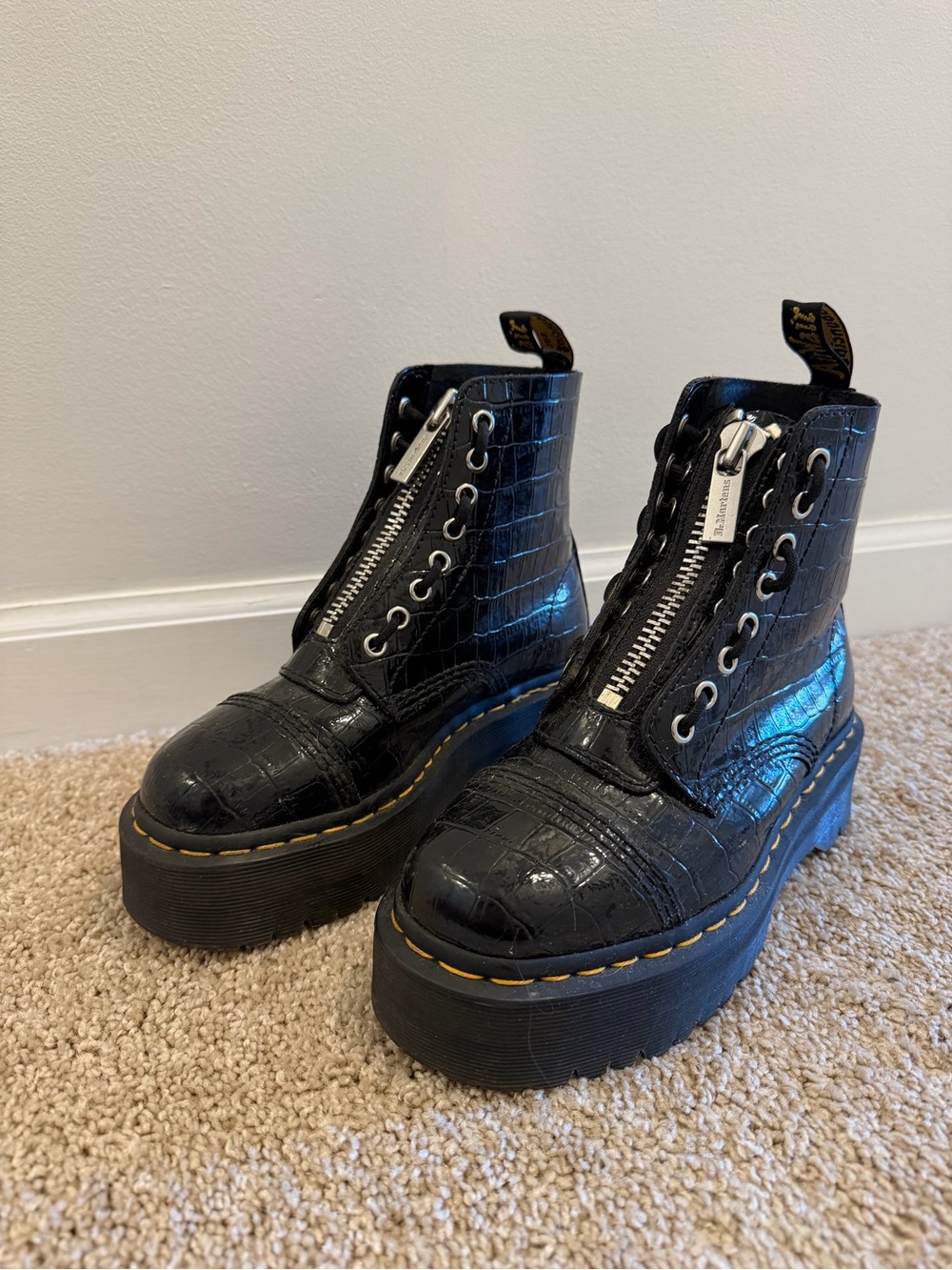 Dr Marten Black Platform Croc-Embossed Zip Lace-Up Ankle Boots